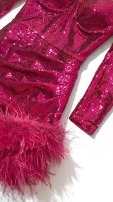 SEQUIN FEATHER MINI DRESS IN PINK