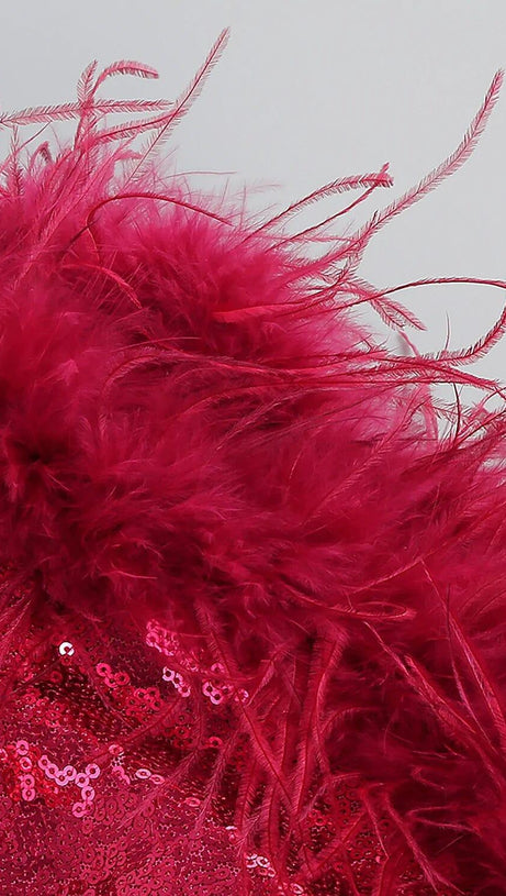 SEQUIN FEATHER MINI DRESS IN PINK