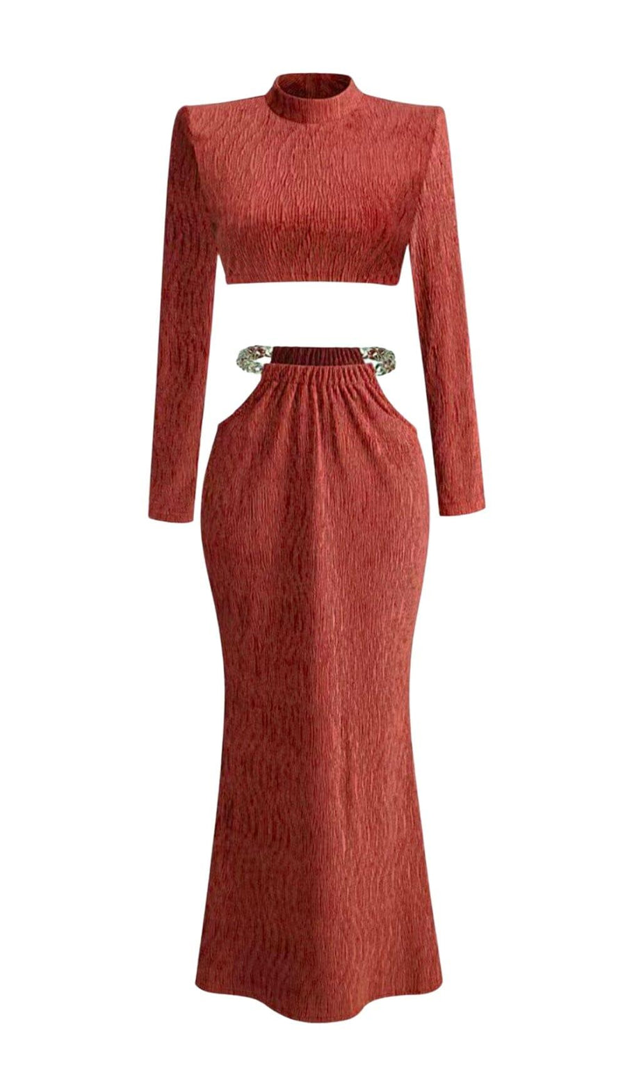 SPECIAL TEXTURE TURTLENECK LONG-SLEEVED PADDED SHOULDER  SKIRT SET
