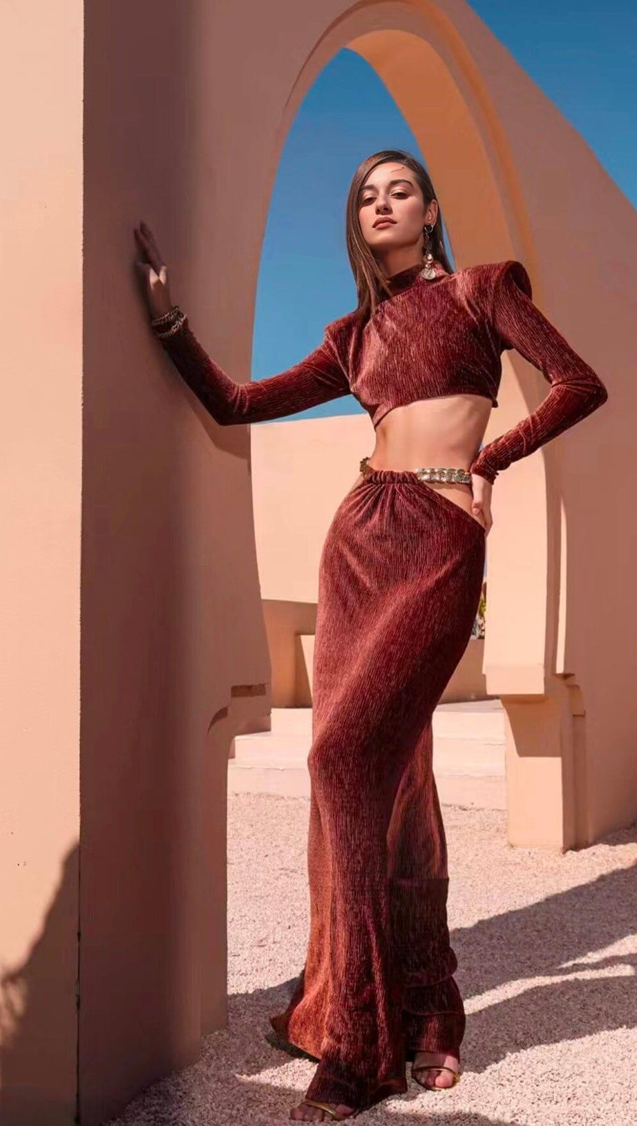 SPECIAL TEXTURE TURTLENECK LONG-SLEEVED PADDED SHOULDER  SKIRT SET