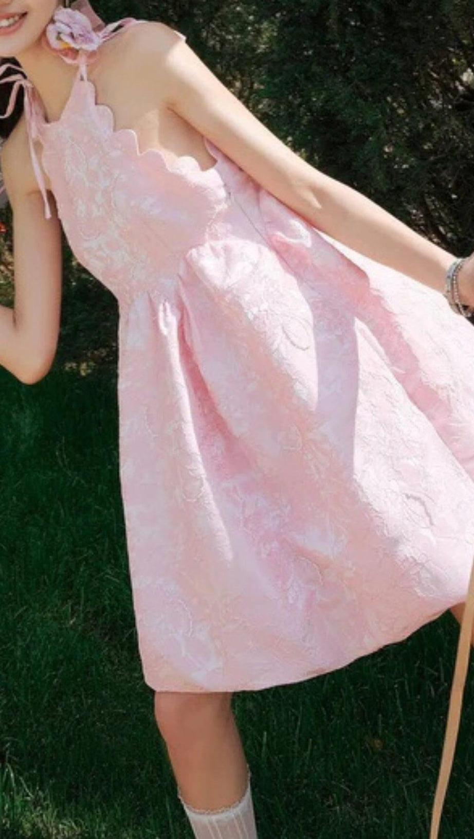 PINK BEADED JACQUARD SLEEVELESS MINI DRESS