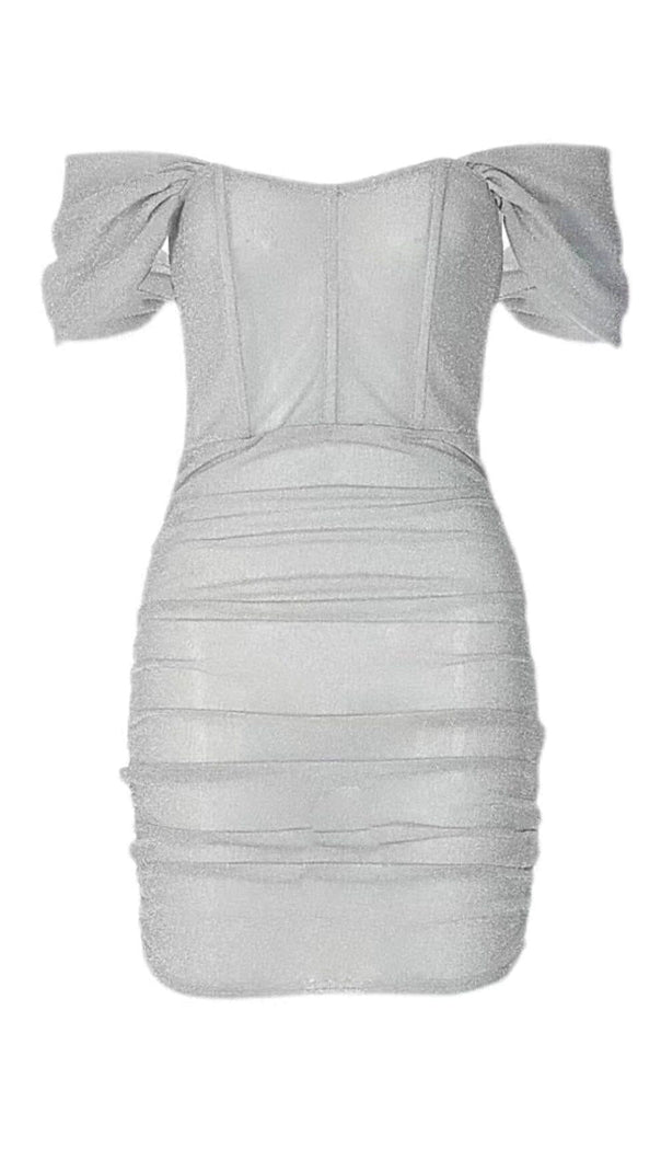 AIIZIE ONE-SHOULDER PUFF SLEEVE OFF-THE-SHOULDER FOLDED GLITTER MINI DRESS - product image