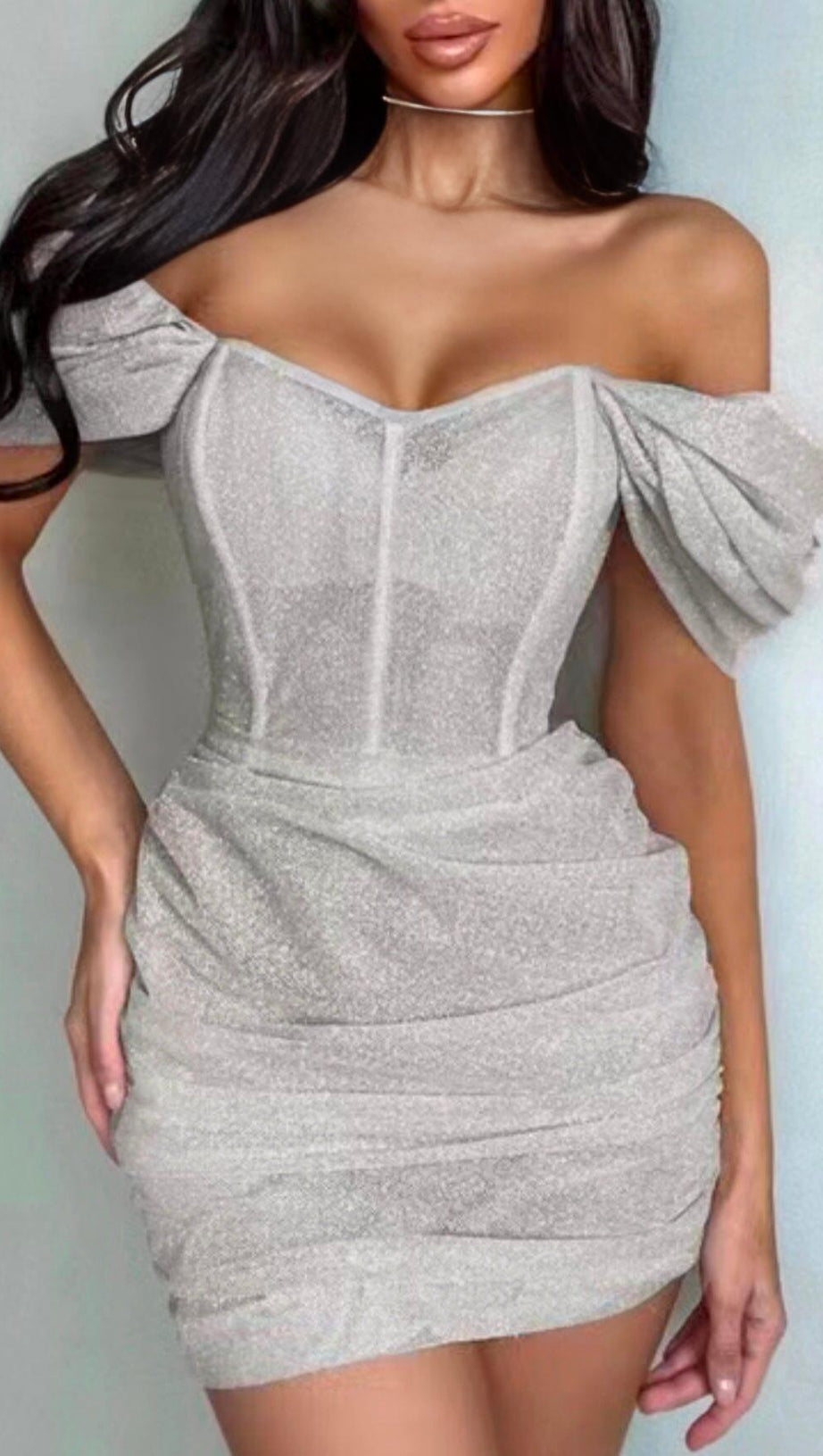 ONE-SHOULDER PUFF SLEEVE OFF-THE-SHOULDER FOLDED GLITTER MINI DRESS