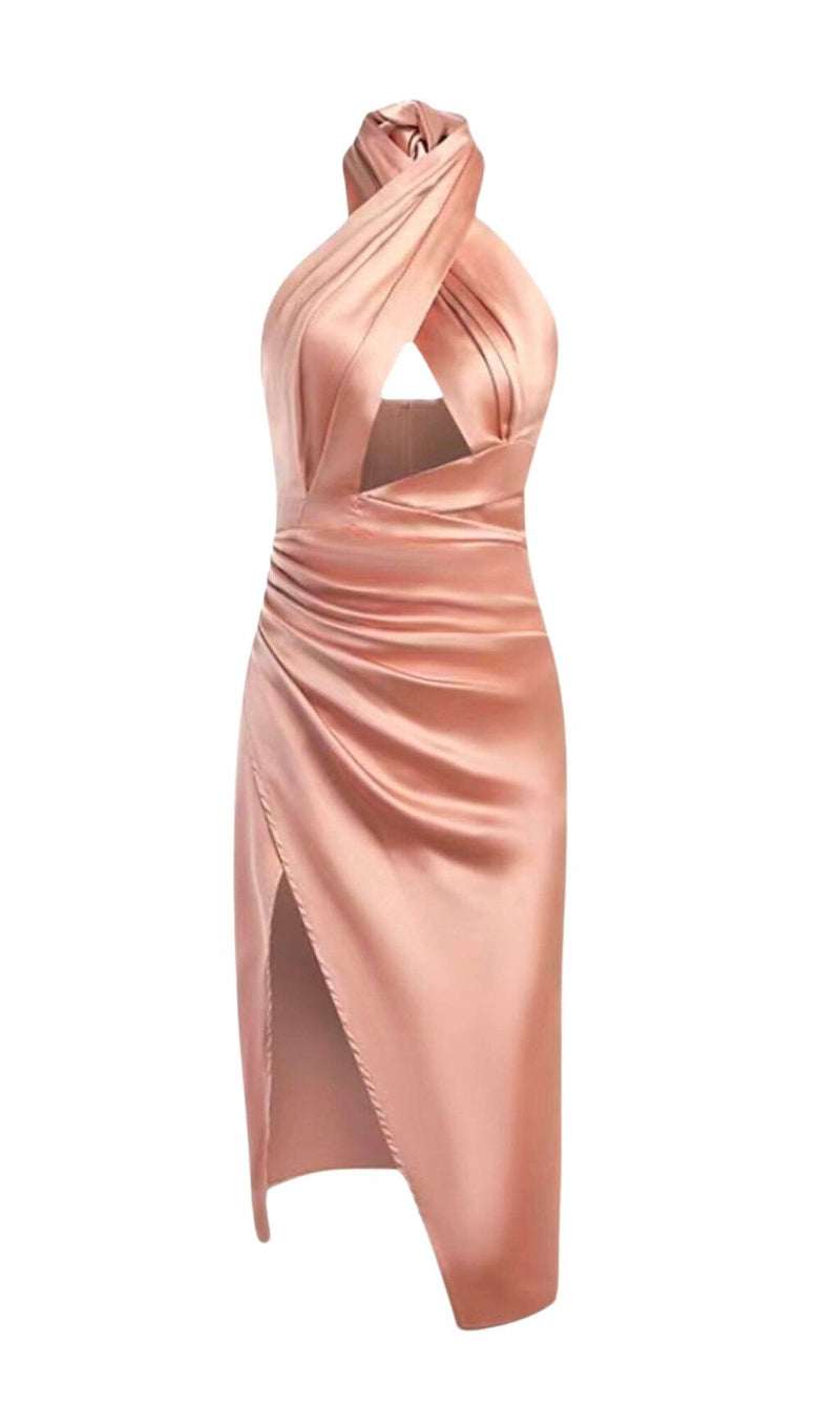 SATIN CROSSOVER NECK OPEN-BACK SLIT BUTTOCK MIDI DRESS