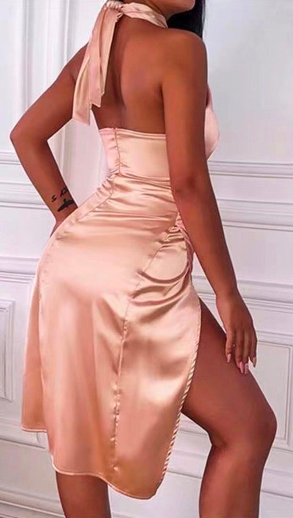 AIIZIE SATIN CROSSOVER NECK OPEN-BACK SLIT BUTTOCK MIDI DRESS - product image