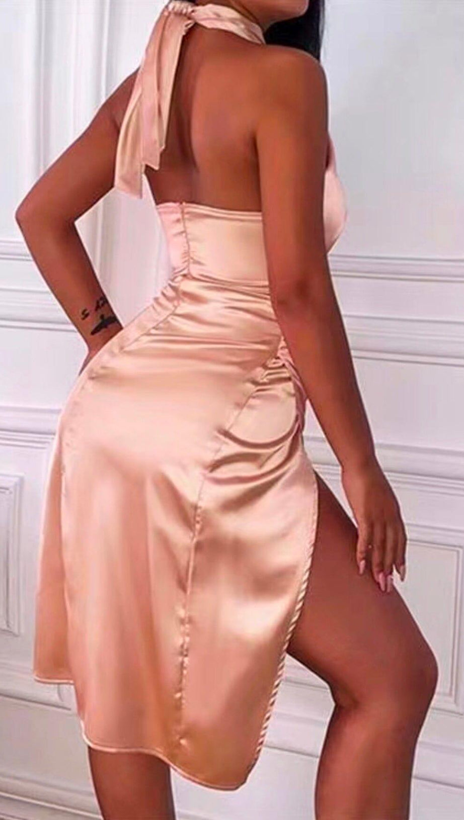 SATIN CROSSOVER NECK OPEN-BACK SLIT BUTTOCK MIDI DRESS