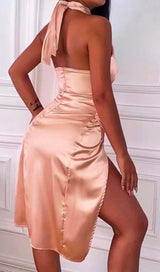 SATIN CROSSOVER NECK OPEN-BACK SLIT BUTTOCK MIDI DRESS