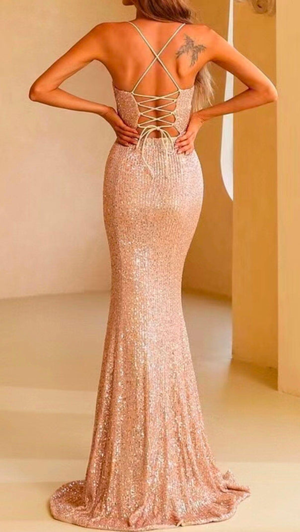 AIIZIE LIGHT PINK SEQUIN BACK CROSS-TIE MAXI DRESS - product image