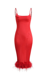 SATIN FEATHER TRIM MIDI DRESS IN RED