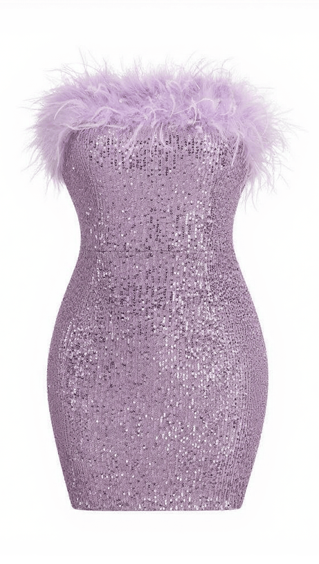 ABITO CORTO MARIN SENZA SPALLINE CON PIUME E PAILLETTES VIOLA