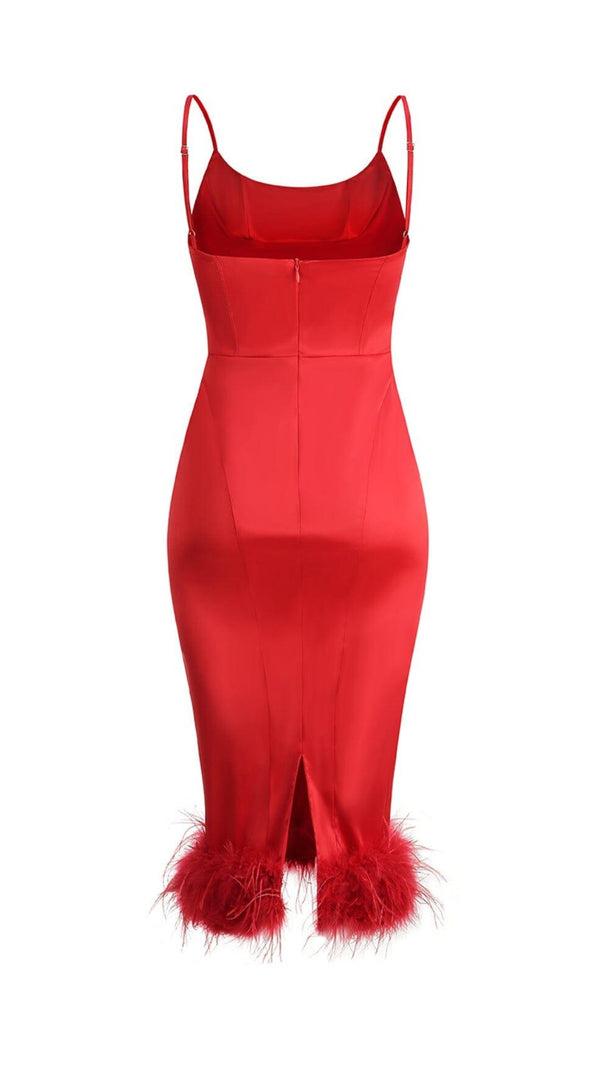 AIIZIE SATIN FEATHER TRIM MIDI DRESS IN RED - product image