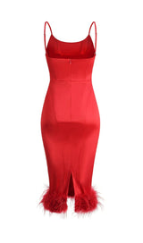 SATIN FEATHER TRIM MIDI DRESS IN RED