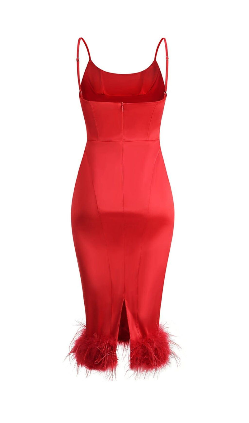 SATIN FEATHER TRIM MIDI DRESS IN RED