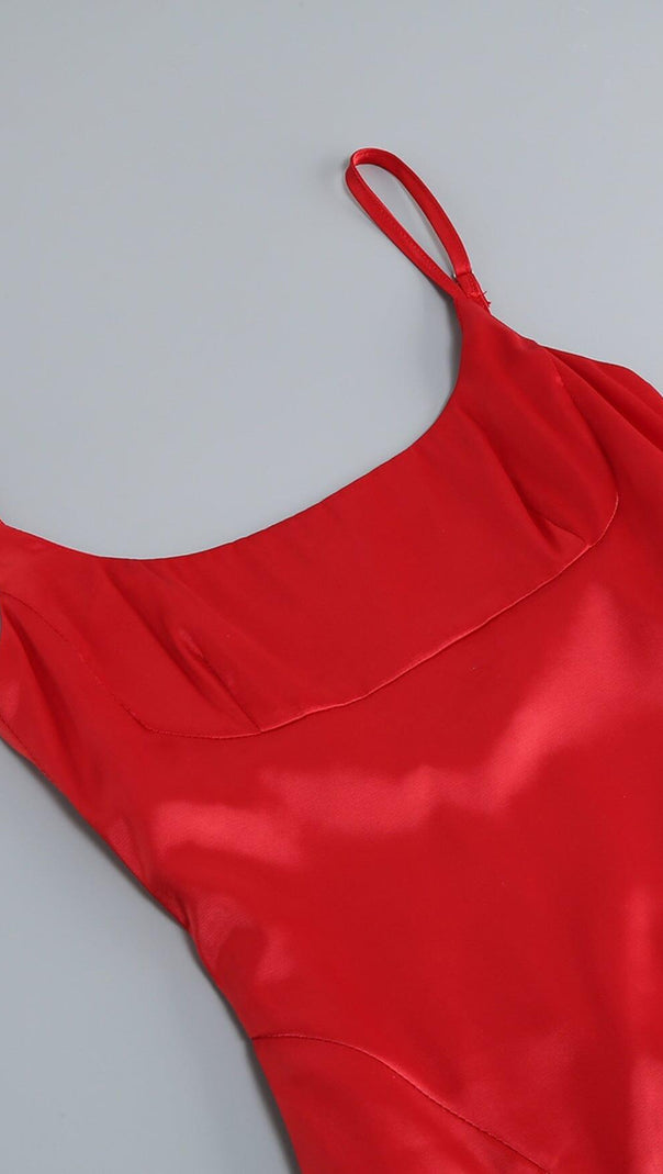 AIIZIE SATIN FEATHER TRIM MIDI DRESS IN RED - product image