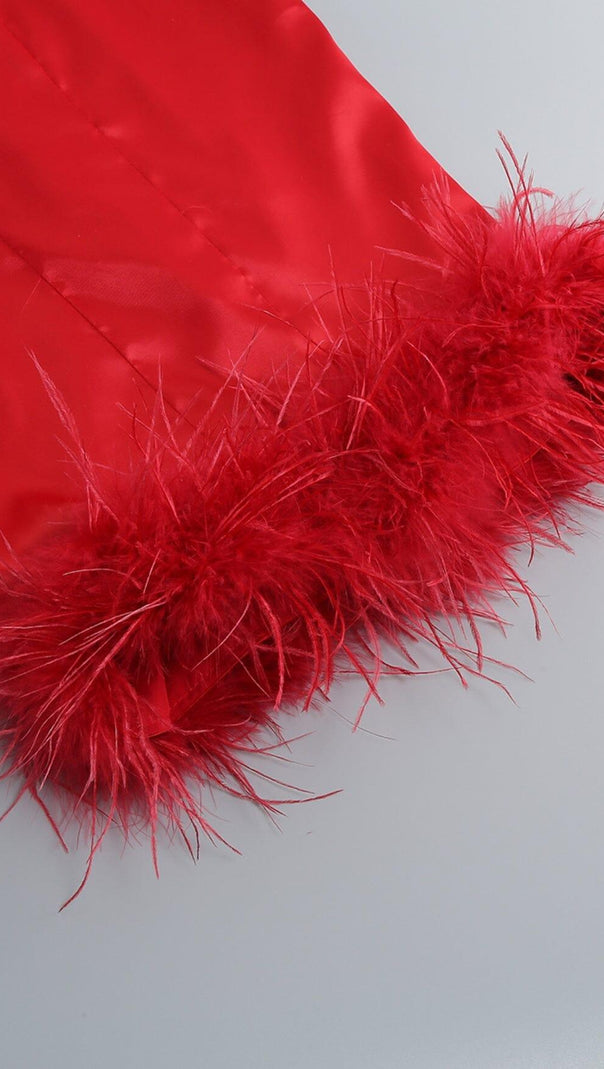 AIIZIE SATIN FEATHER TRIM MIDI DRESS IN RED - product image