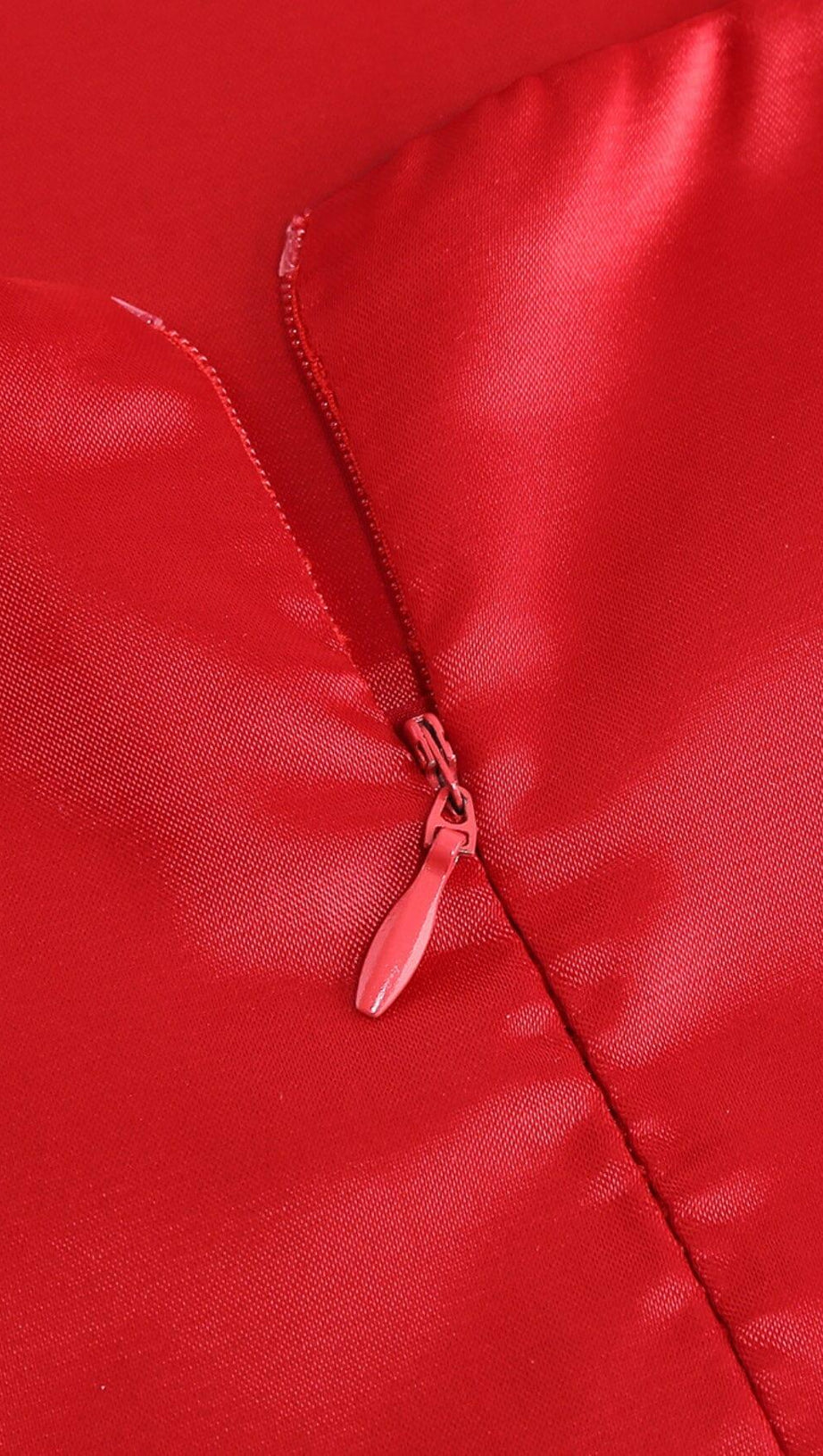 SATIN FEATHER TRIM MIDI DRESS IN RED