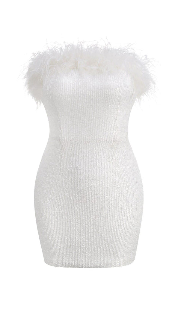 AIIZIE SEQUIN FEATHER STRAPLESS MINI DRESS IN WHITE - product image