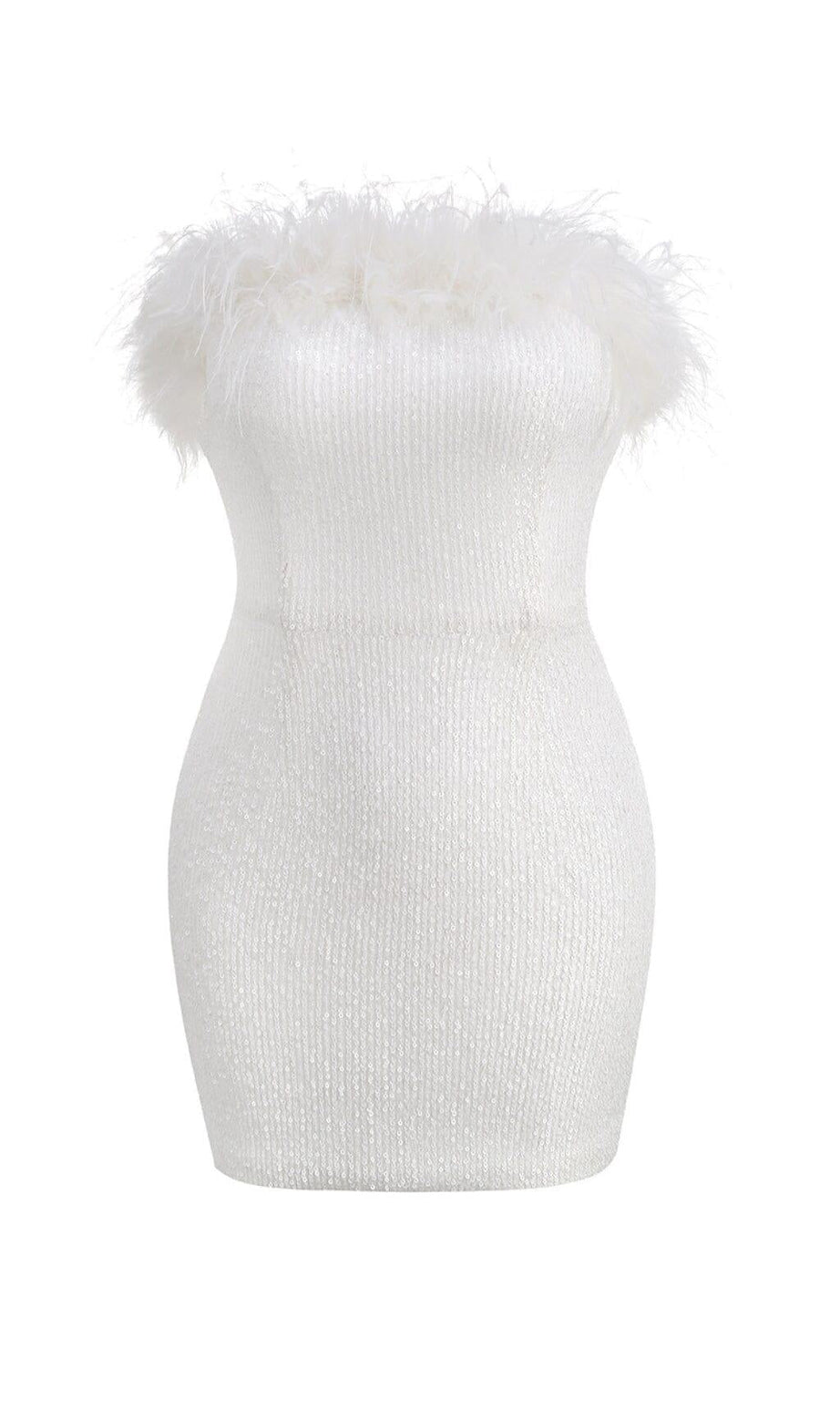MINI ABITO SENZA SPALLINE CON PIUME E PAILLETTES BIANCO