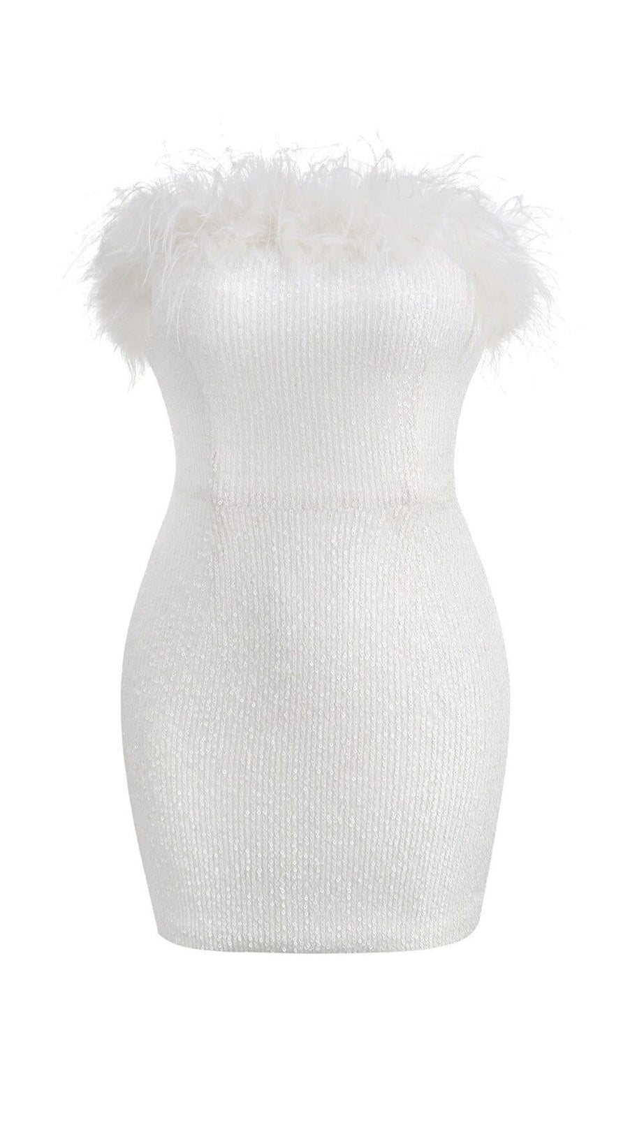 SEQUIN FEATHER STRAPLESS MINI DRESS IN WHITE