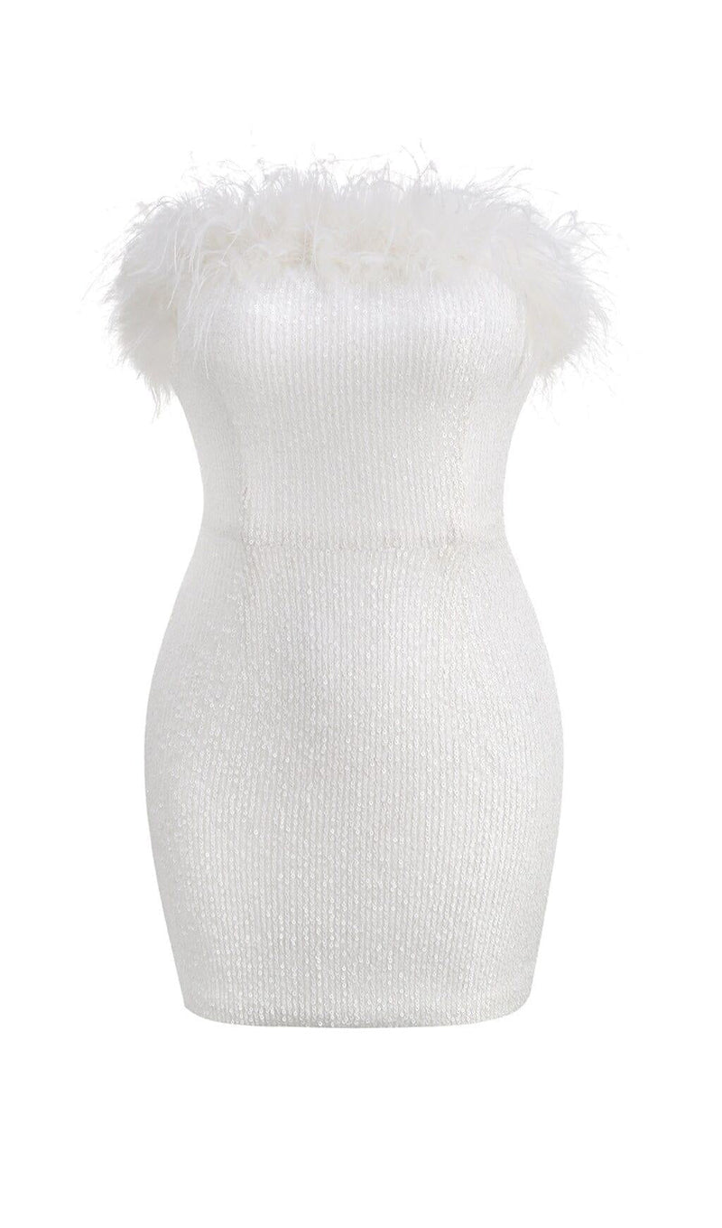 SEQUIN FEATHER STRAPLESS MINI DRESS IN WHITE