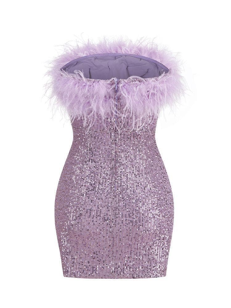 Marin Strapless Feather Sequin Mini Dress In Violet