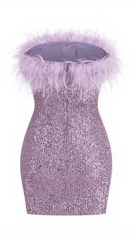 ABITO CORTO MARIN SENZA SPALLINE CON PIUME E PAILLETTES VIOLA