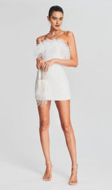 SEQUIN FEATHER STRAPLESS MINI DRESS IN WHITE