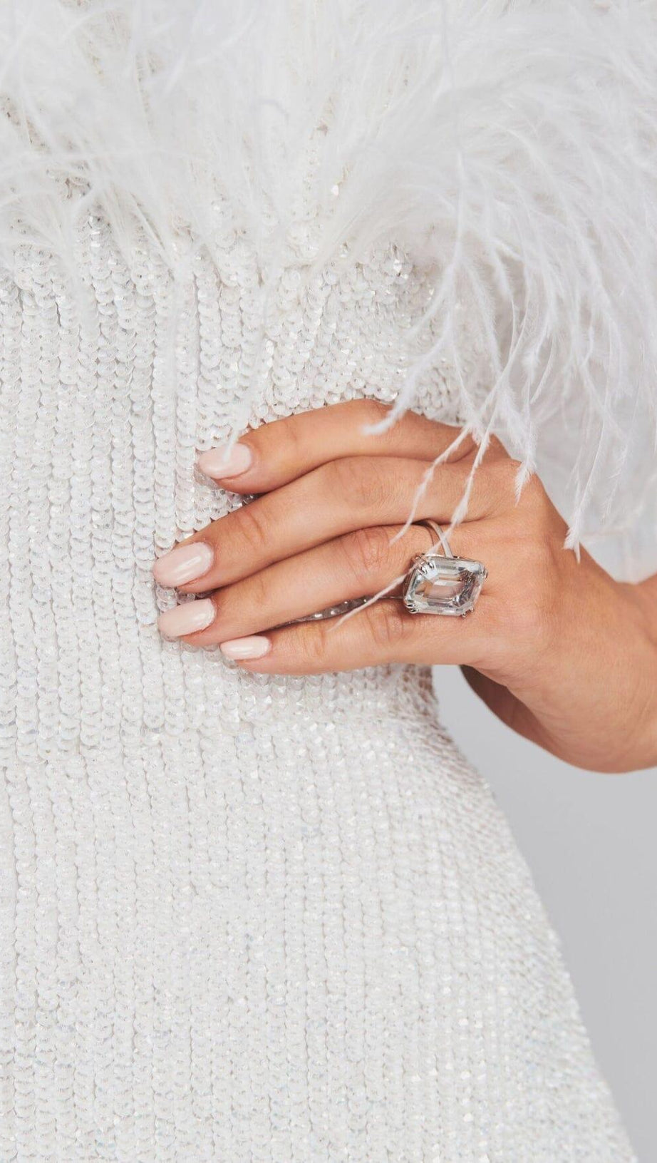 SEQUIN FEATHER STRAPLESS MINI DRESS IN WHITE