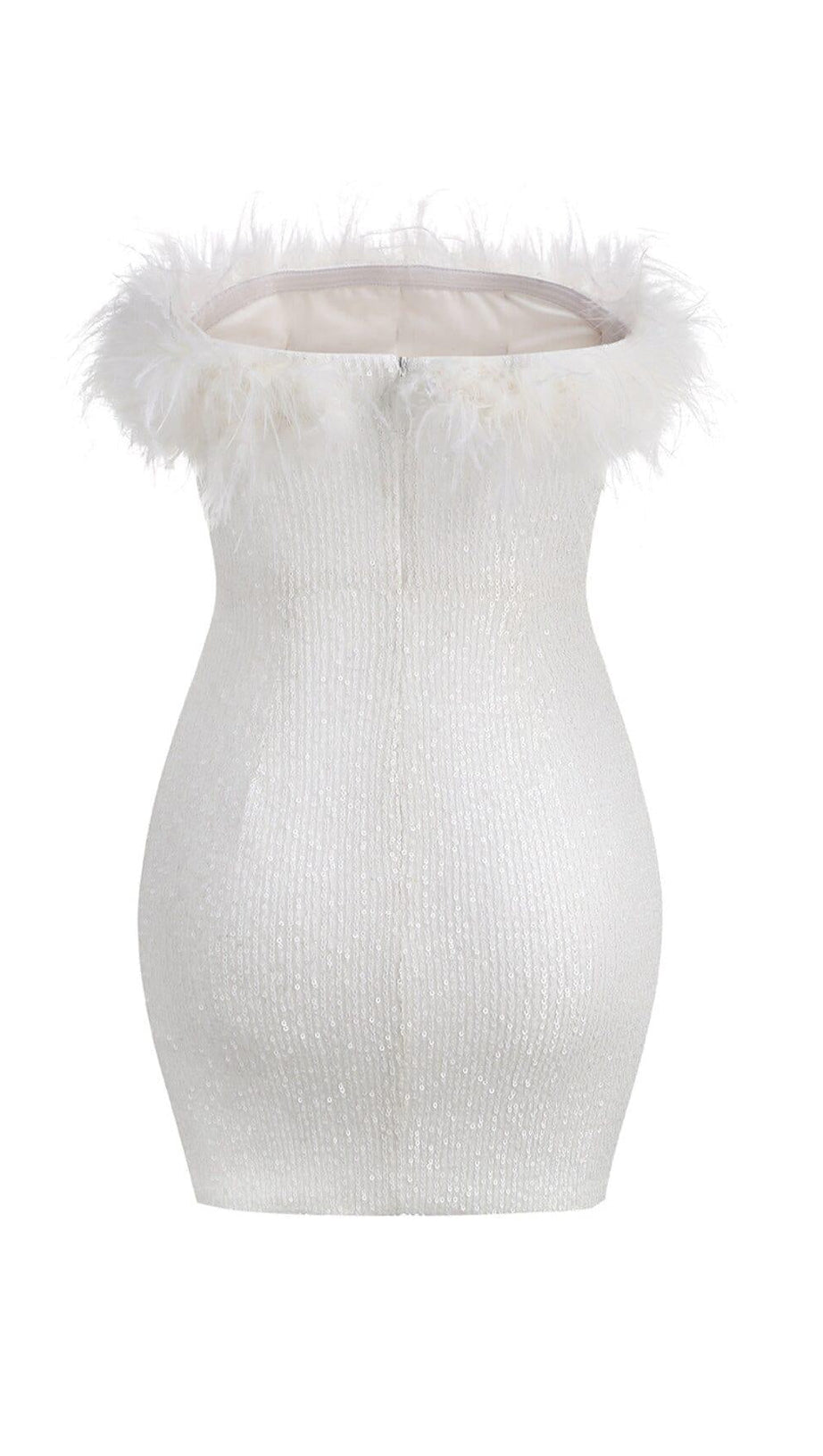 SEQUIN FEATHER STRAPLESS MINI DRESS IN WHITE