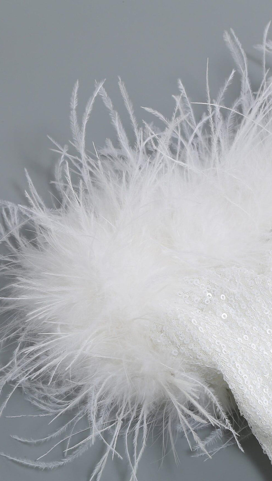 SEQUIN FEATHER STRAPLESS MINI DRESS IN WHITE