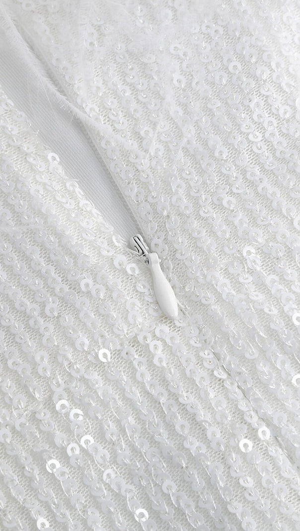 MINI ABITO SENZA SPALLINE CON PIUME E PAILLETTES BIANCO