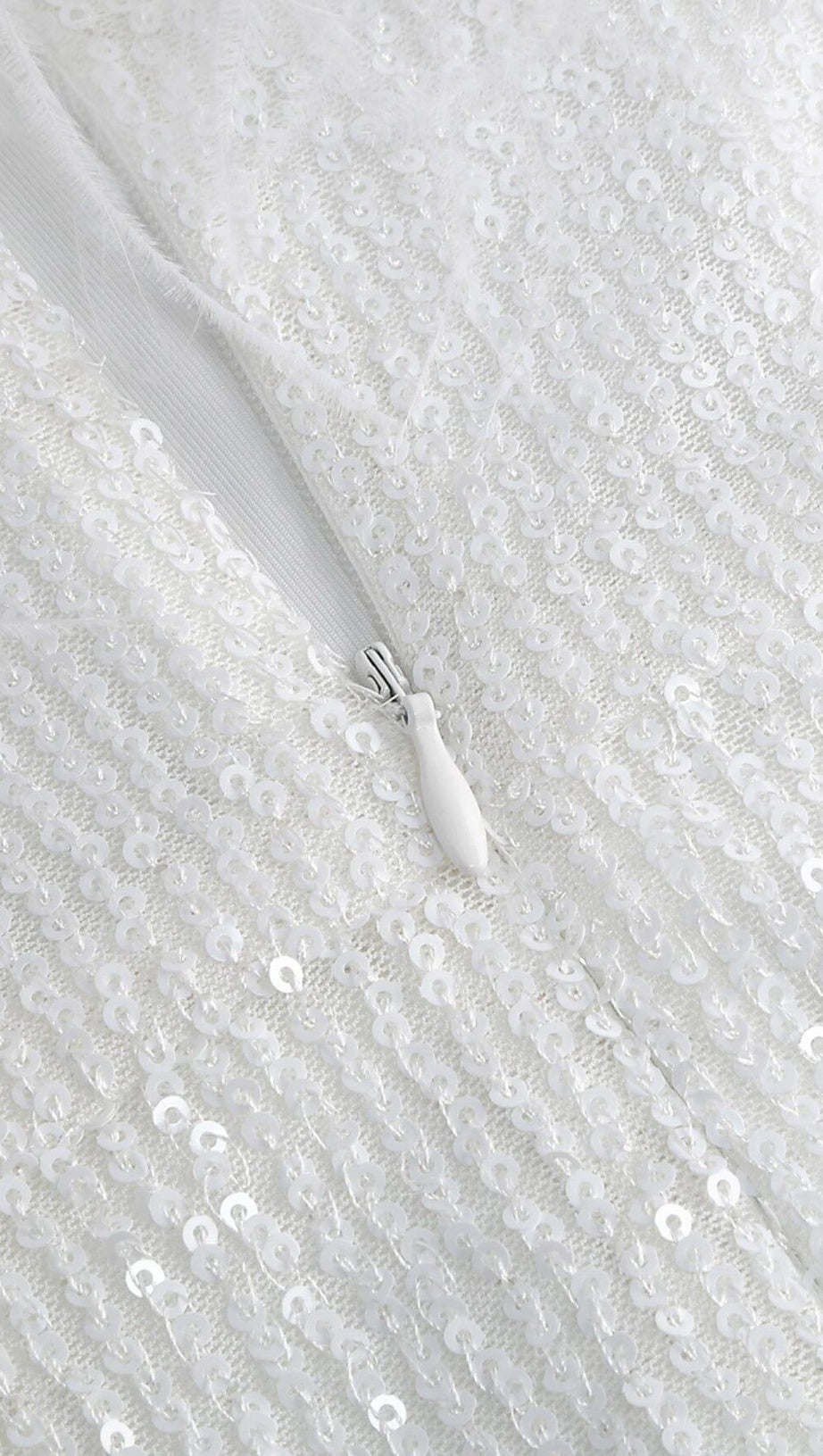 SEQUIN FEATHER STRAPLESS MINI DRESS IN WHITE