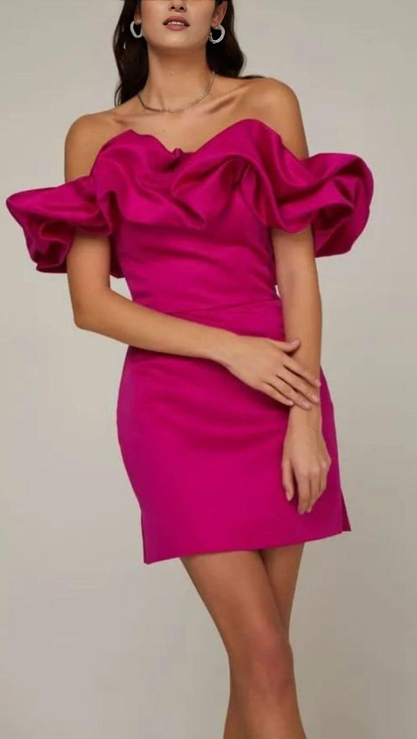 AIIZIE SATIN A-LINE NECKLINE POD RUFFLE MINI DRESS IN PINK - product image