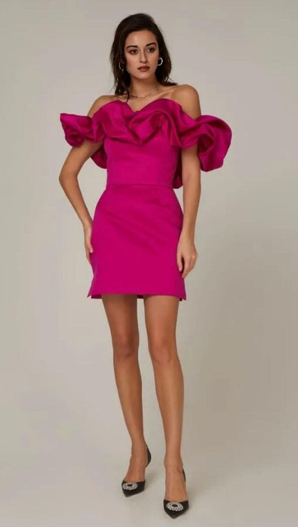 AIIZIE SATIN A-LINE NECKLINE POD RUFFLE MINI DRESS IN PINK - product image