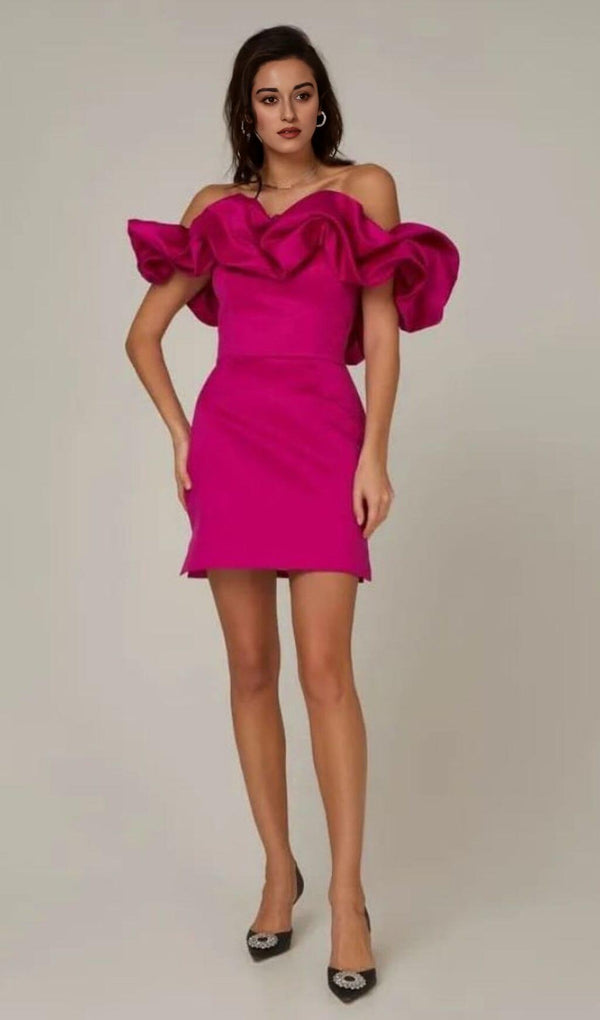 SATIN A-LINE NECKLINE POD RUFFLE MINI DRESS IN PINK