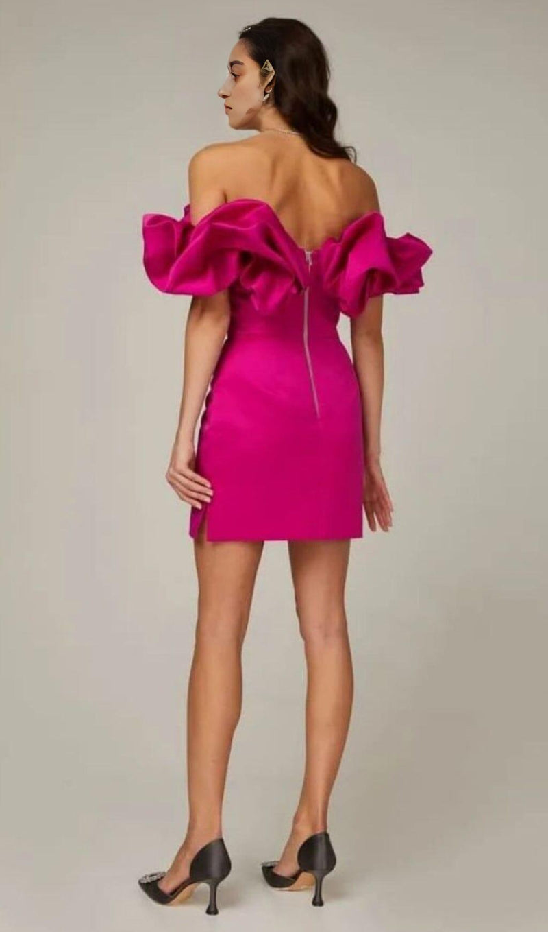 SATIN A-LINE NECKLINE POD RUFFLE MINI DRESS IN PINK