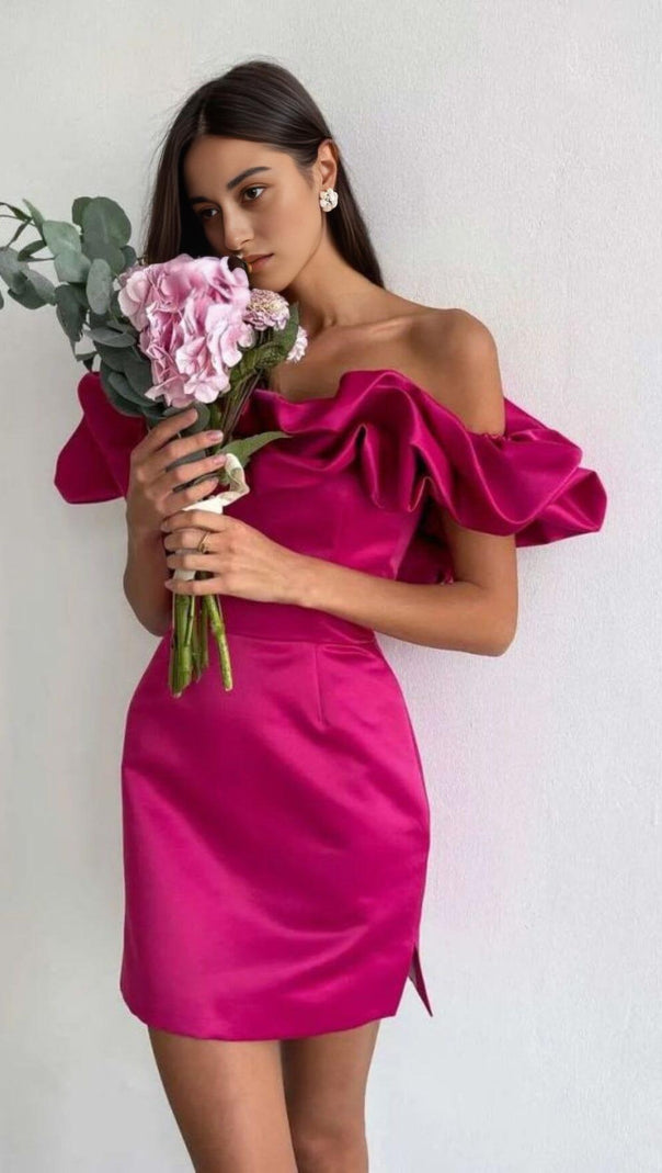 AIIZIE SATIN A-LINE NECKLINE POD RUFFLE MINI DRESS IN PINK - product image