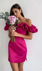 SATIN A-LINE NECKLINE POD RUFFLE MINI DRESS IN PINK