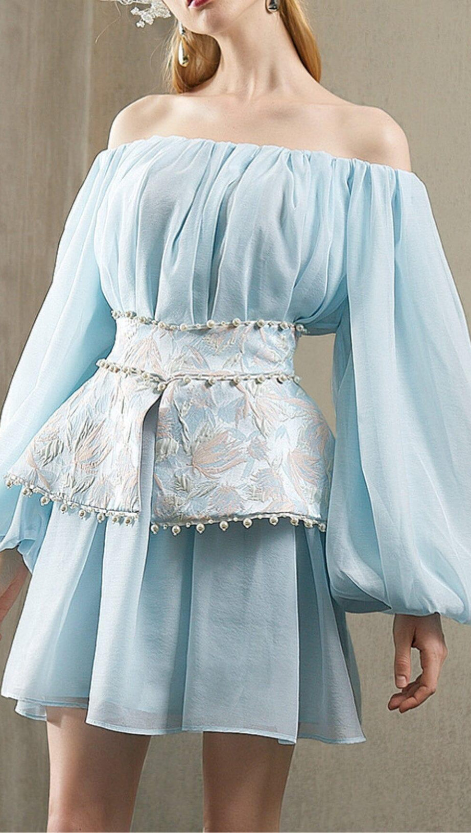PEARL TRIM LONG SLEEVE MINI DRESS IN BLUE