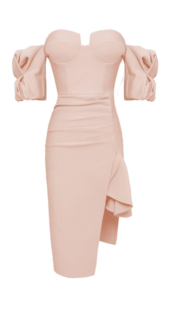 AIIZIE STRAPLESS DRAPED SLEEVE SLITS BANDAGE DRESS IN BEIGE - product image