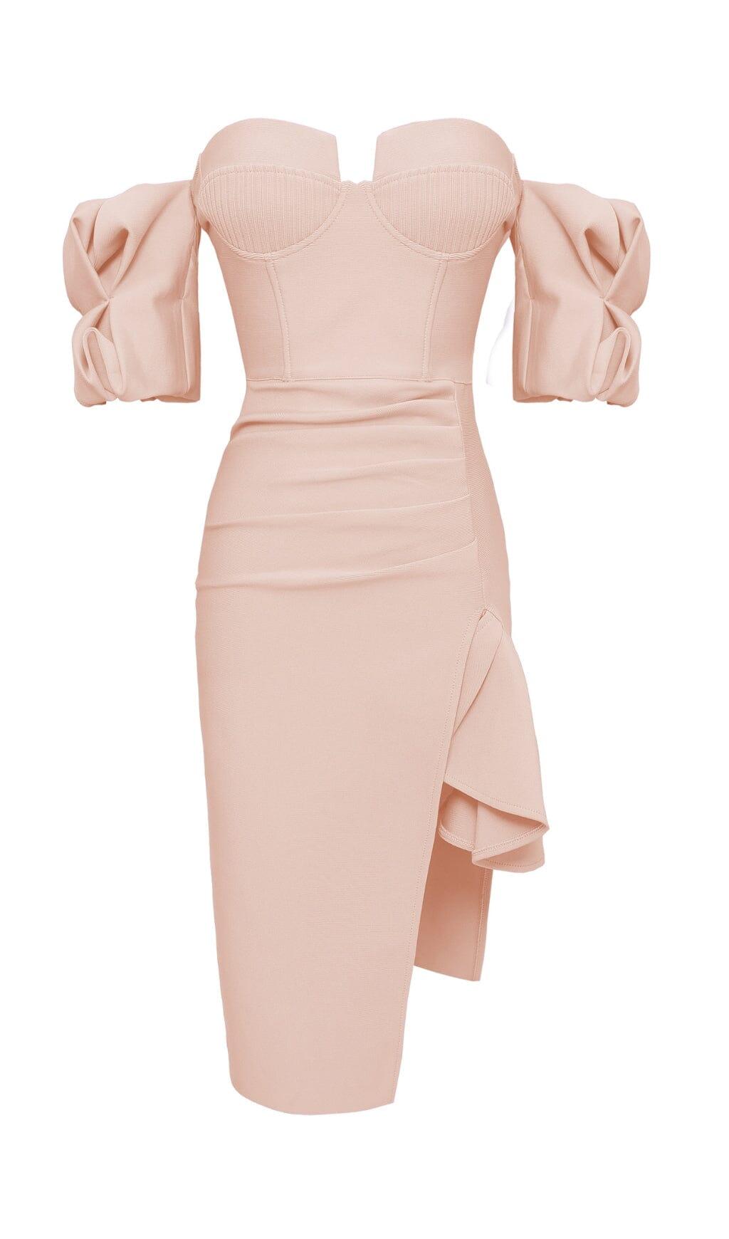 STRAPLESS DRAPED SLEEVE SLITS BANDAGE DRESS IN BEIGE