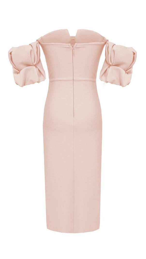 AIIZIE STRAPLESS DRAPED SLEEVE SLITS BANDAGE DRESS IN BEIGE - product image