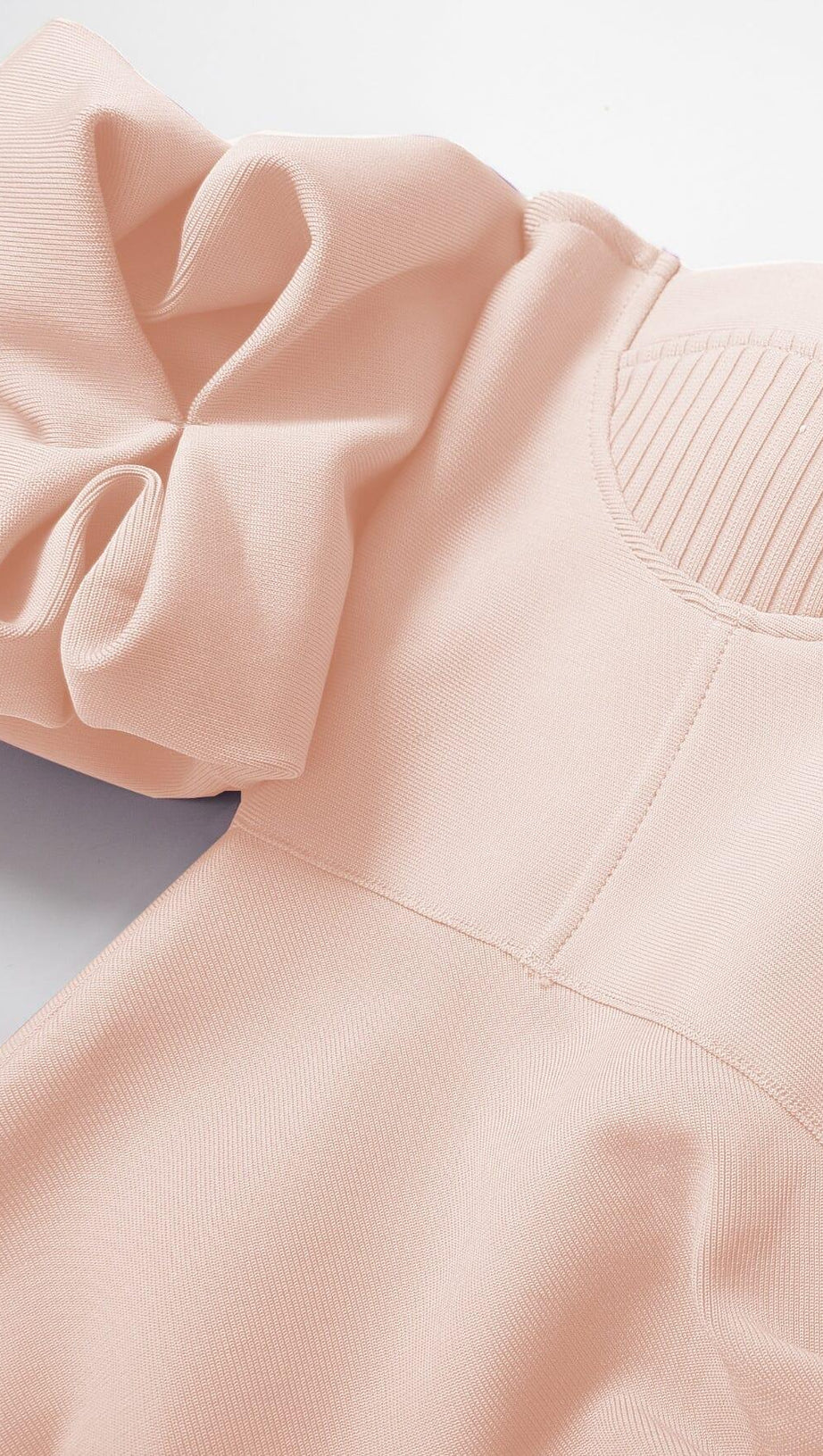 STRAPLESS DRAPED SLEEVE SLITS BANDAGE DRESS IN BEIGE