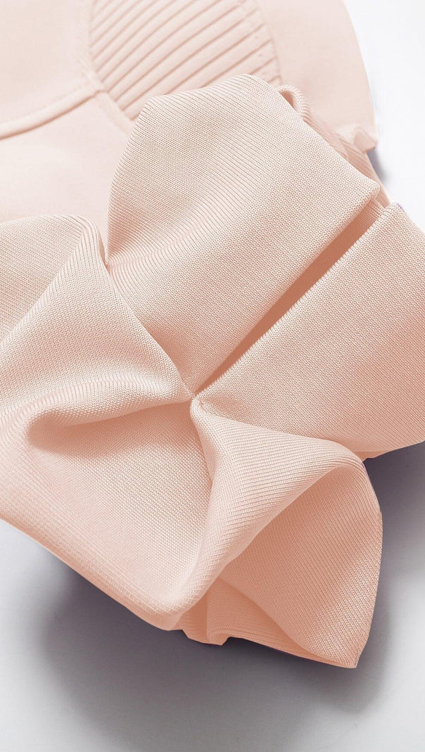 AIIZIE STRAPLESS DRAPED SLEEVE SLITS BANDAGE DRESS IN BEIGE - product image