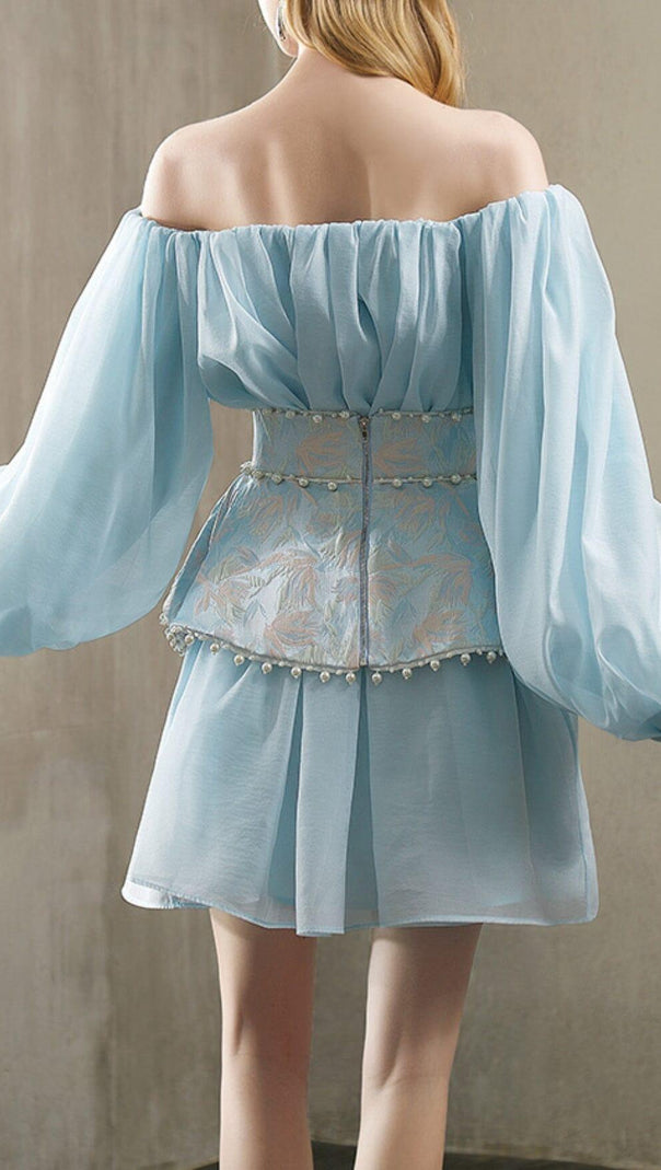 AIIZIE PEARL TRIM LONG SLEEVE MINI DRESS IN BLUE - product image