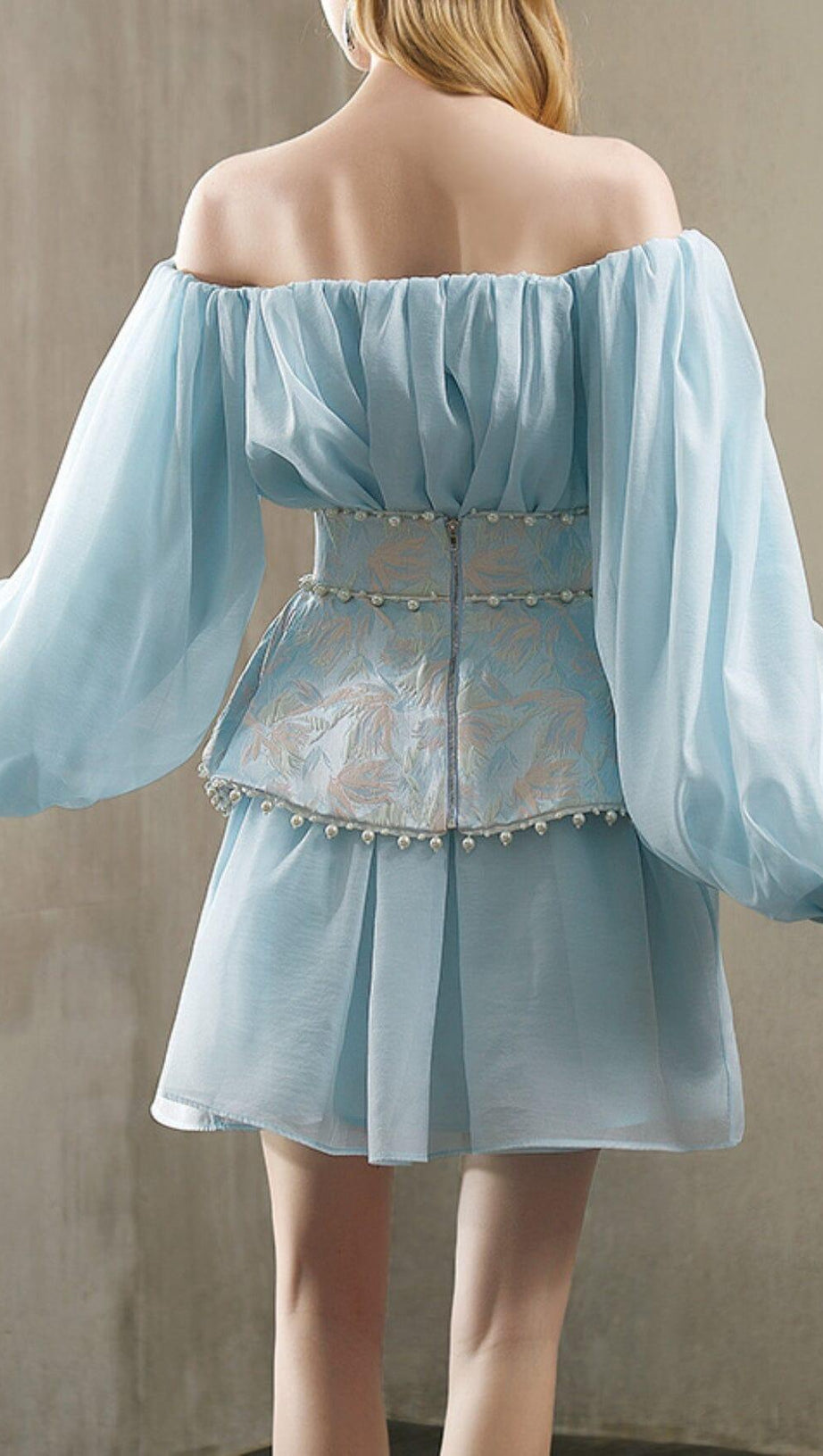 PEARL TRIM LONG SLEEVE MINI DRESS IN BLUE