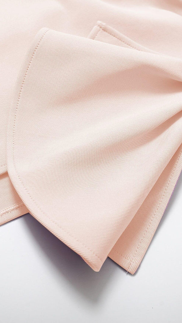 AIIZIE STRAPLESS DRAPED SLEEVE SLITS BANDAGE DRESS IN BEIGE - product image