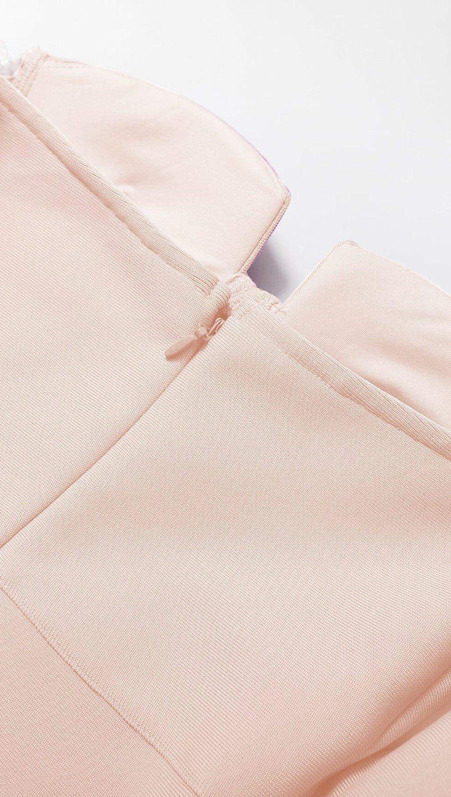 STRAPLESS DRAPED SLEEVE SLITS BANDAGE DRESS IN BEIGE