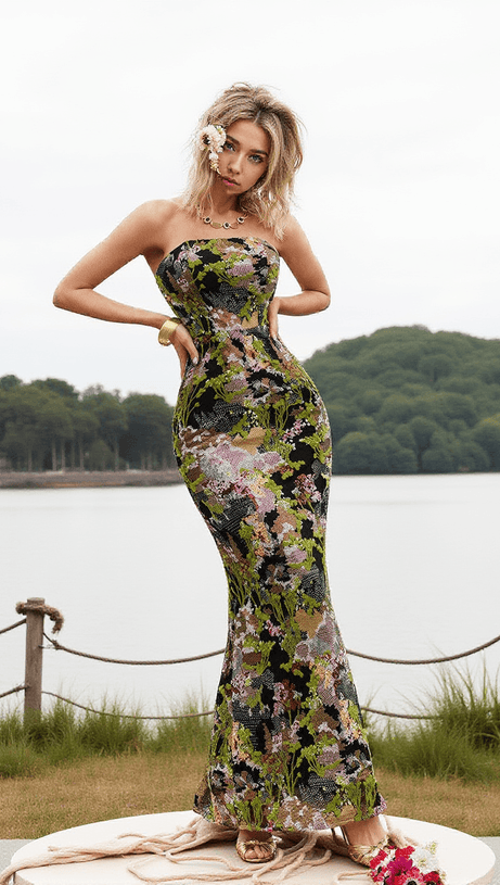 ABITO LUNGO ASA SENZA SPALLINE CON PAILLETTES FLOREALI