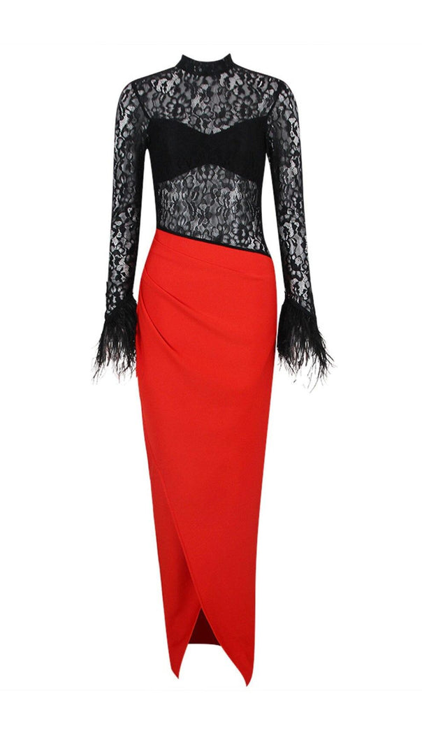AIIZIE SPLICED LACE FEATHER SLIT DRESS IN BLACK AND RED - product image